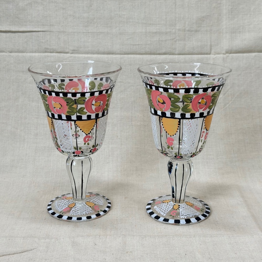 Vintage Mary Engelbreit Hand Painted Wine Goblets Pair Colorful Floral Glasses - Picture 2 of 8